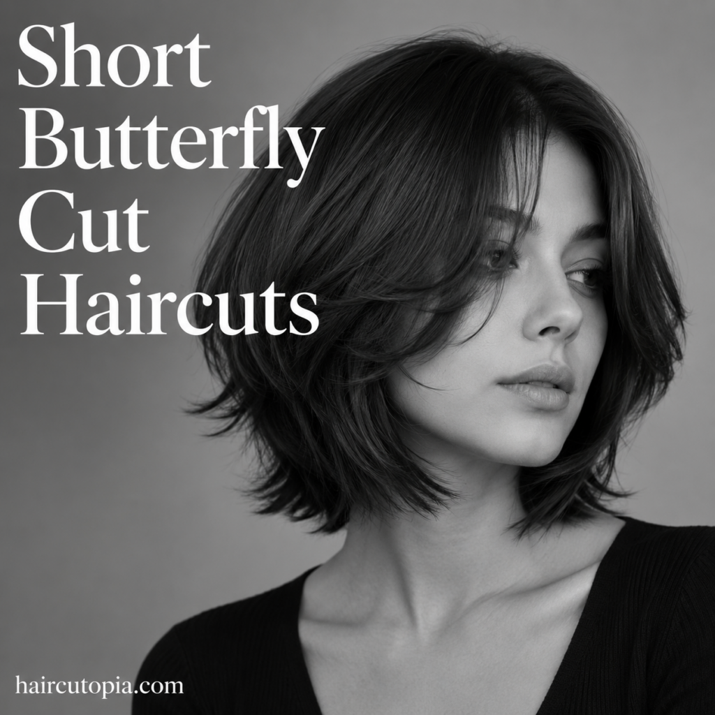 Woman with a short butterfly cut hairstyle featuring soft layered volume and face-framing pieces in a black-and-white studio portrait.