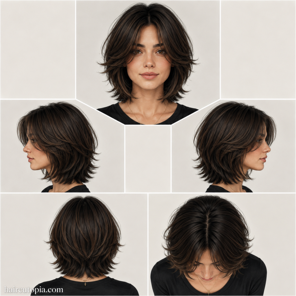 Five-view collage of a short butterfly cut haircut showing the front, left side, right side, back, and top views with layered volume and face-framing texture.