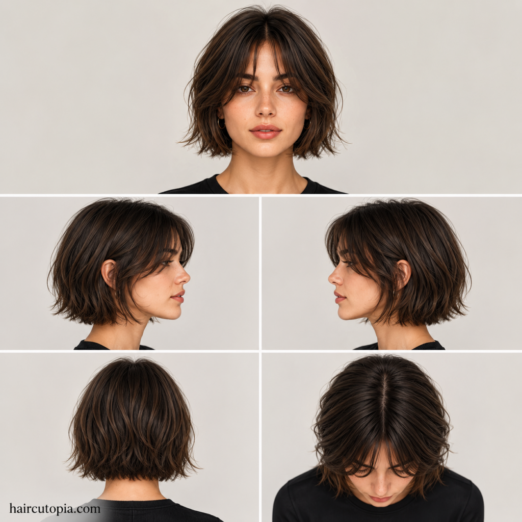 Five-view collage of a woman with a short bob and curtain bangs showing the front, left side, right side, back, and top views of the haircut.