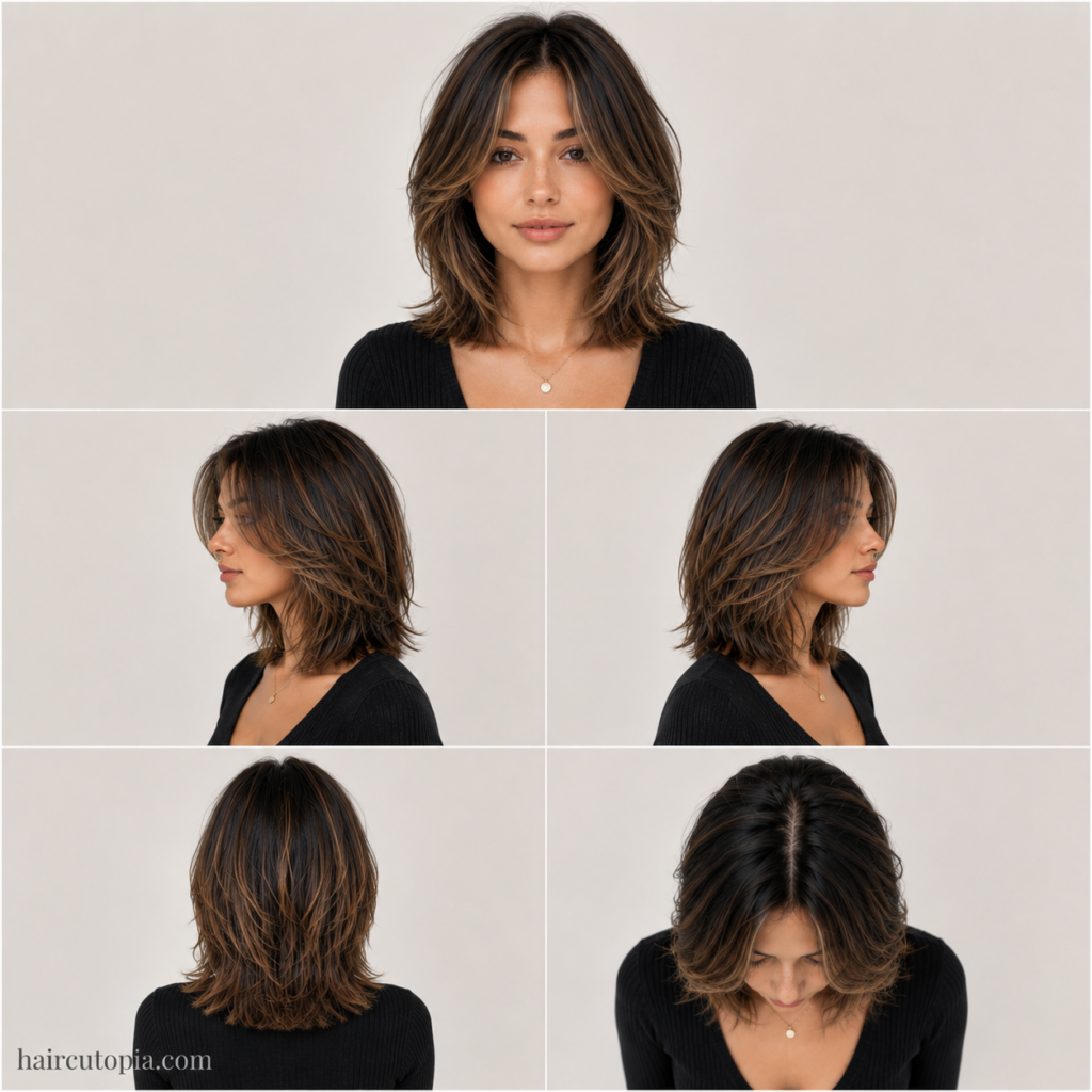Five-view collage of a short face-framing layered haircut showing the front, left side, right side, back, and bird's-eye views.
