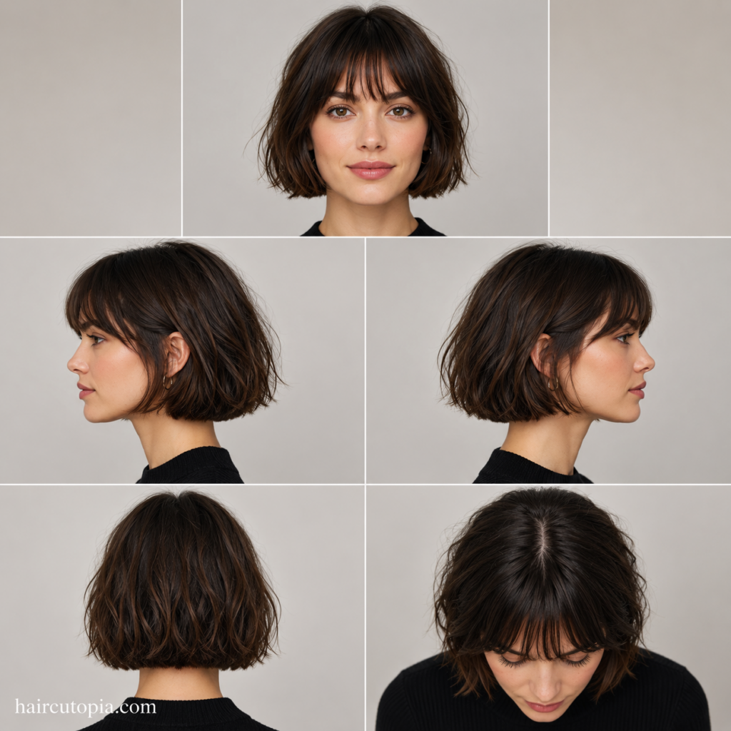 Short French bob haircut shown from the front, left side, right side, back, and top views
