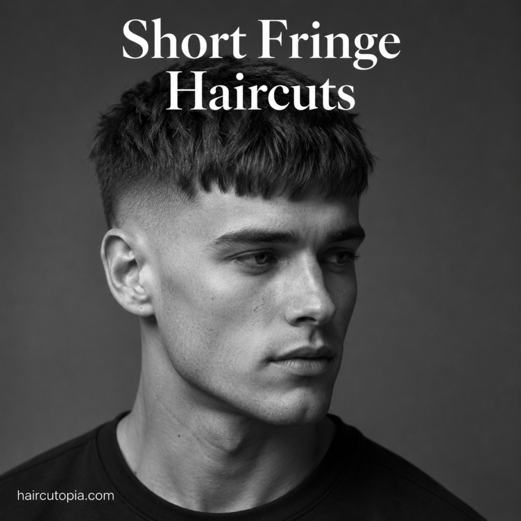 Man with a modern short fringe haircut featuring textured layers and faded sides in a black-and-white editorial portrait.