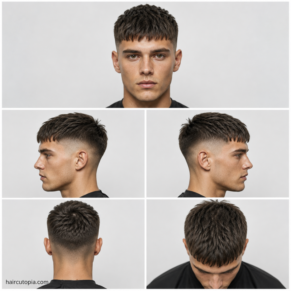 Five-view collage of a men's short fringe haircut showing the front, left side, right side, back, and top views with textured layers and faded sides.