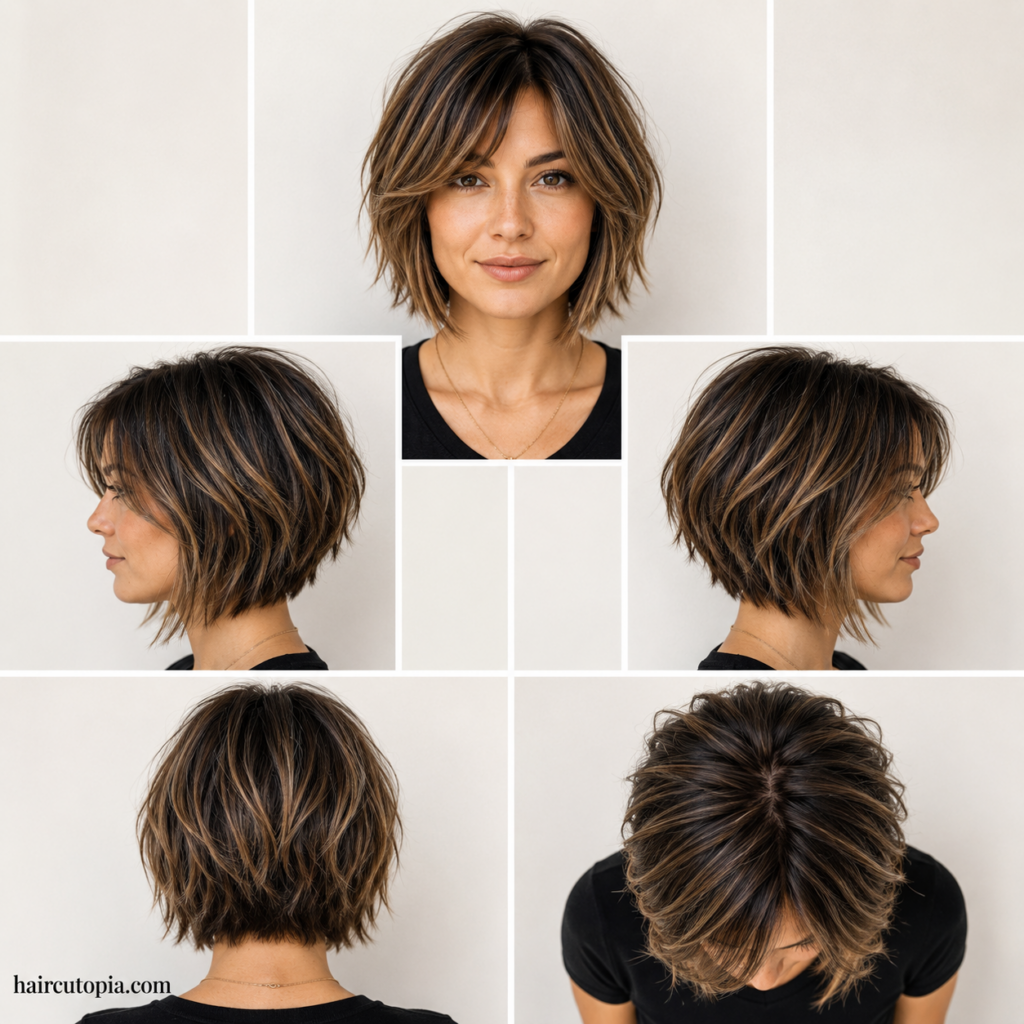 Five-panel collage showing a short layered haircut from the front, left side, right side, back, and top views.