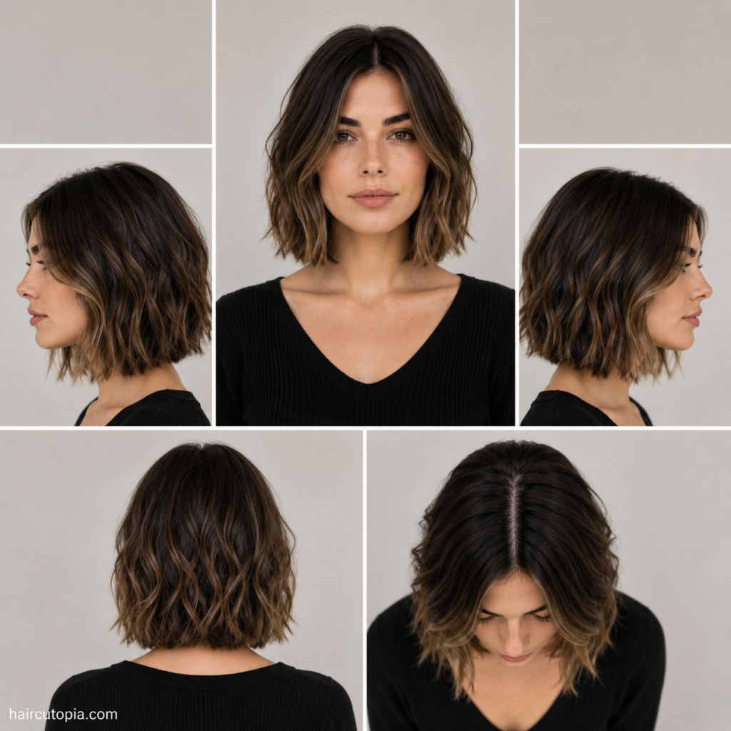 Five-view collage of a short lob haircut showing the front, left side, right side, back, and top views of a textured women's hairstyle.