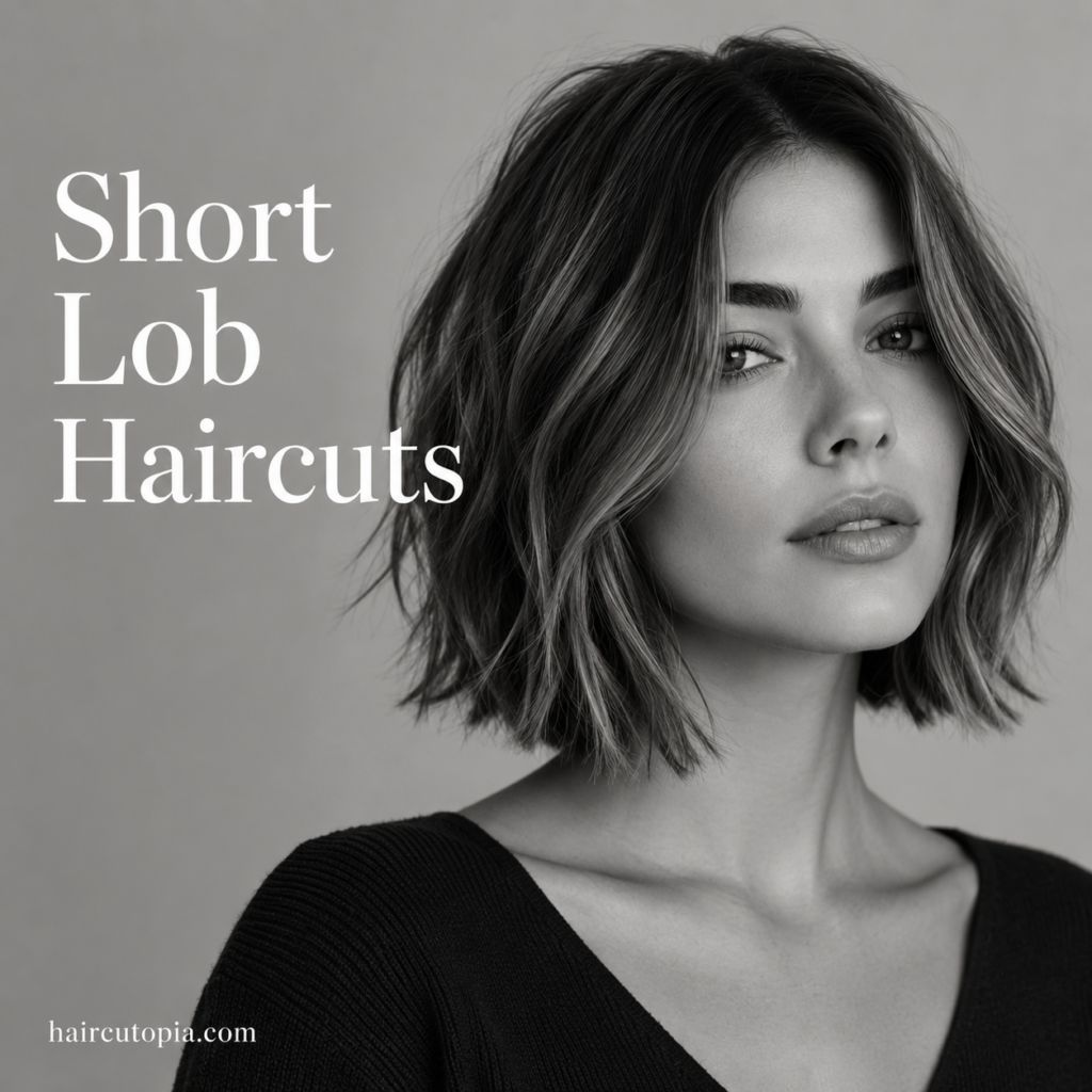 Woman with a textured short lob haircut in a black-and-white editorial portrait showcasing a modern shoulder-grazing hairstyle.