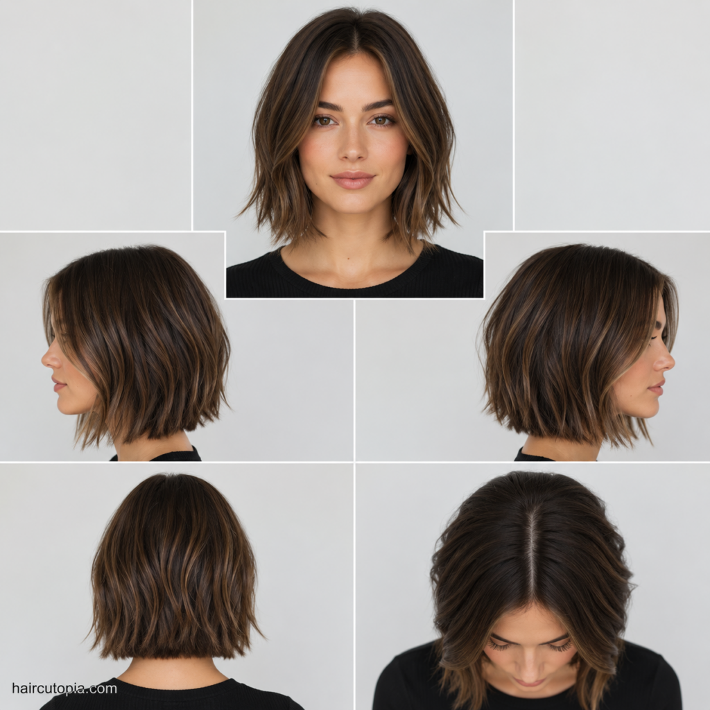 Five-view collage of a short long bob haircut showing the front, left side, right side, back, and top views.