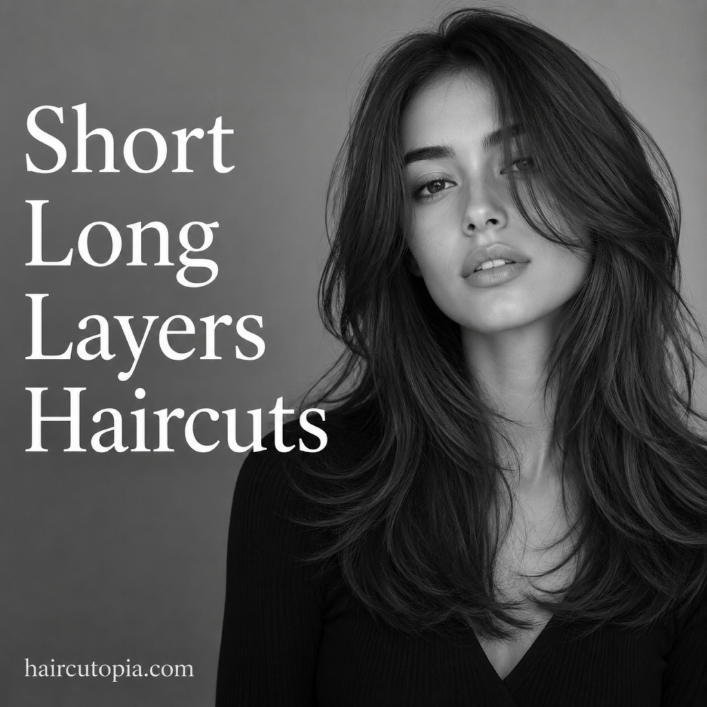 Woman with modern short long layers haircut featuring soft face-framing layers and long textured hair.