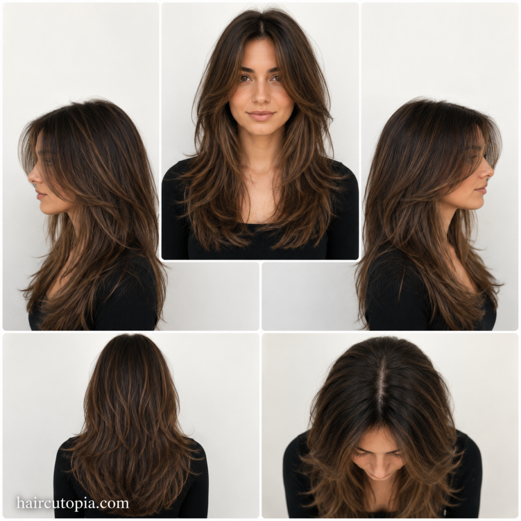 Five-panel collage of a woman's short long layers haircut showing front, left side, right side, back, and top views.