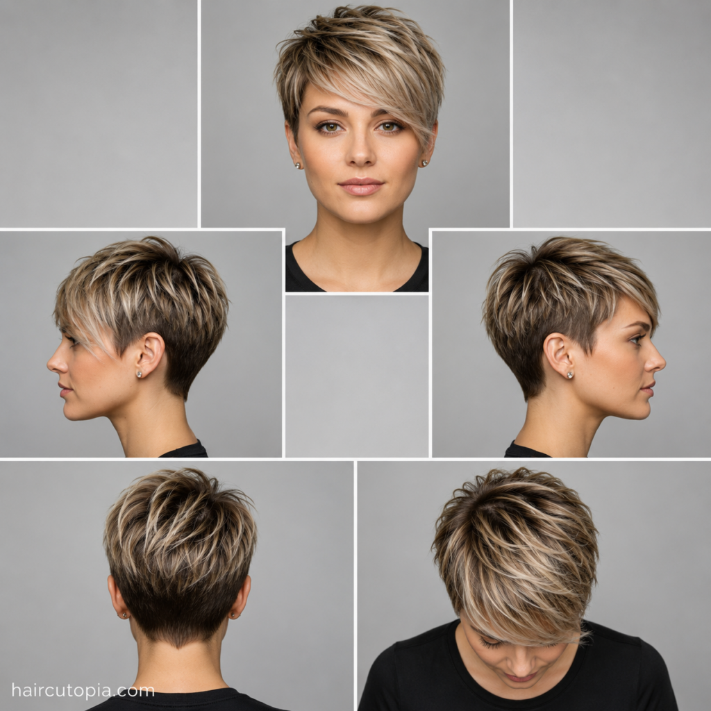 Five-view collage of a modern short long pixie haircut showing the front, left side, right side, back, and top views with textured layers and a tapered neckline.