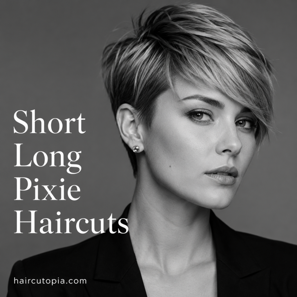 Woman with a short long pixie haircut featuring textured layers, longer side-swept bangs, and tapered sides in a modern editorial hairstyle.