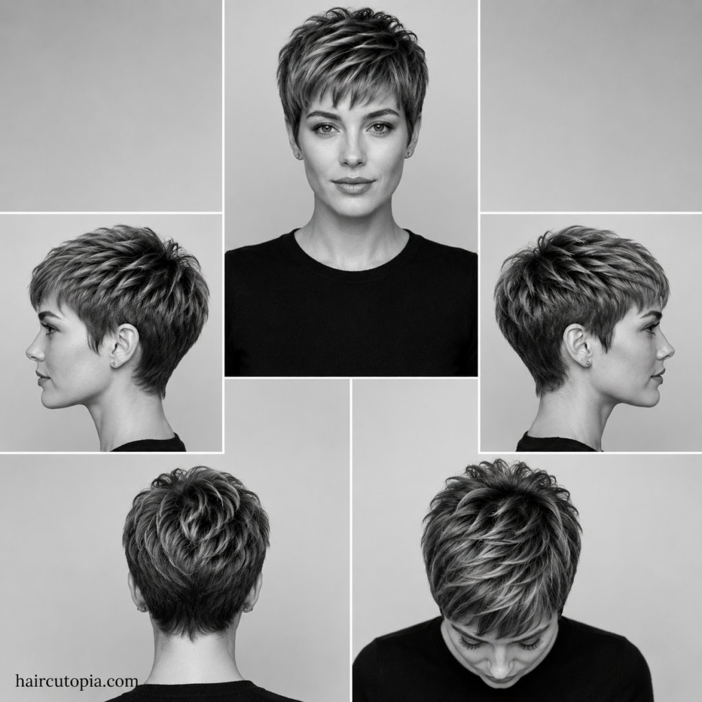 Short textured pixie haircut shown from the front, left side, right side, back, and top views