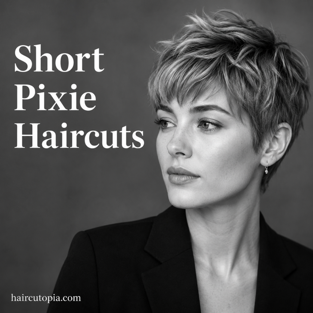 Woman with a short textured pixie haircut featuring soft layers and natural volume