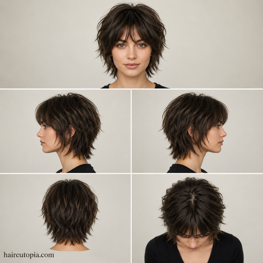Five-view collage of a modern short shag haircut showing the front, left side, right side, back, and top views.