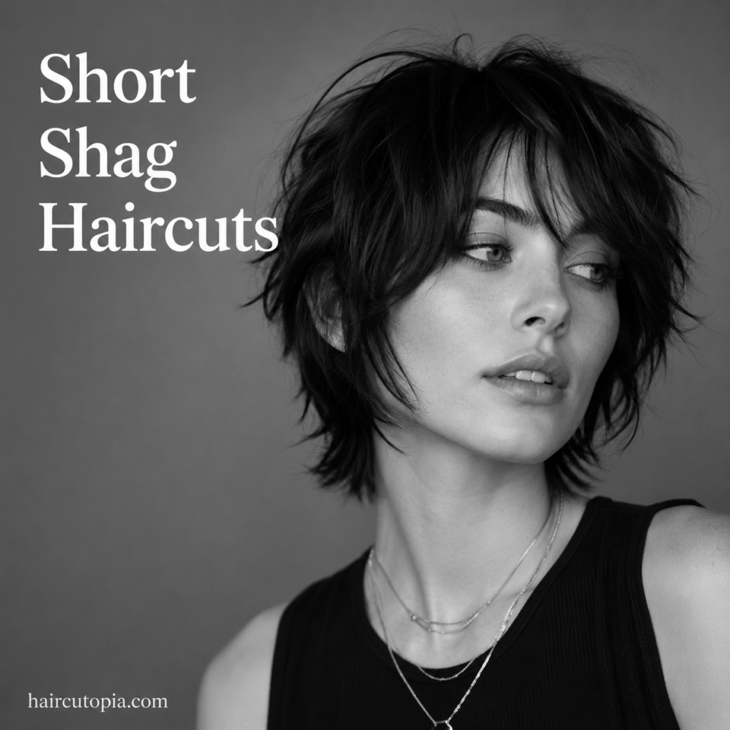 Woman with a textured short shag haircut in a black and white editorial portrait.