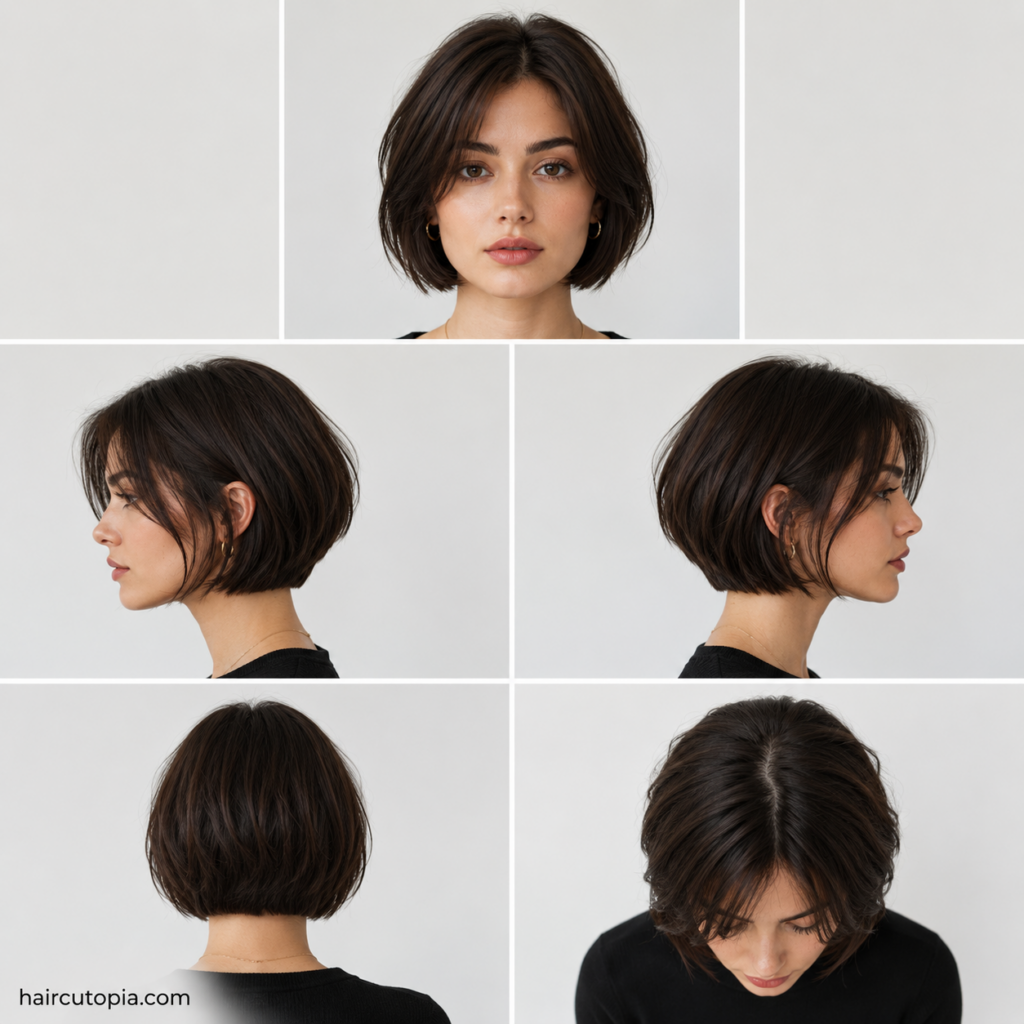 Five-view collage of a woman's short short bob haircut showing the front, left side, right side, back, and top views.