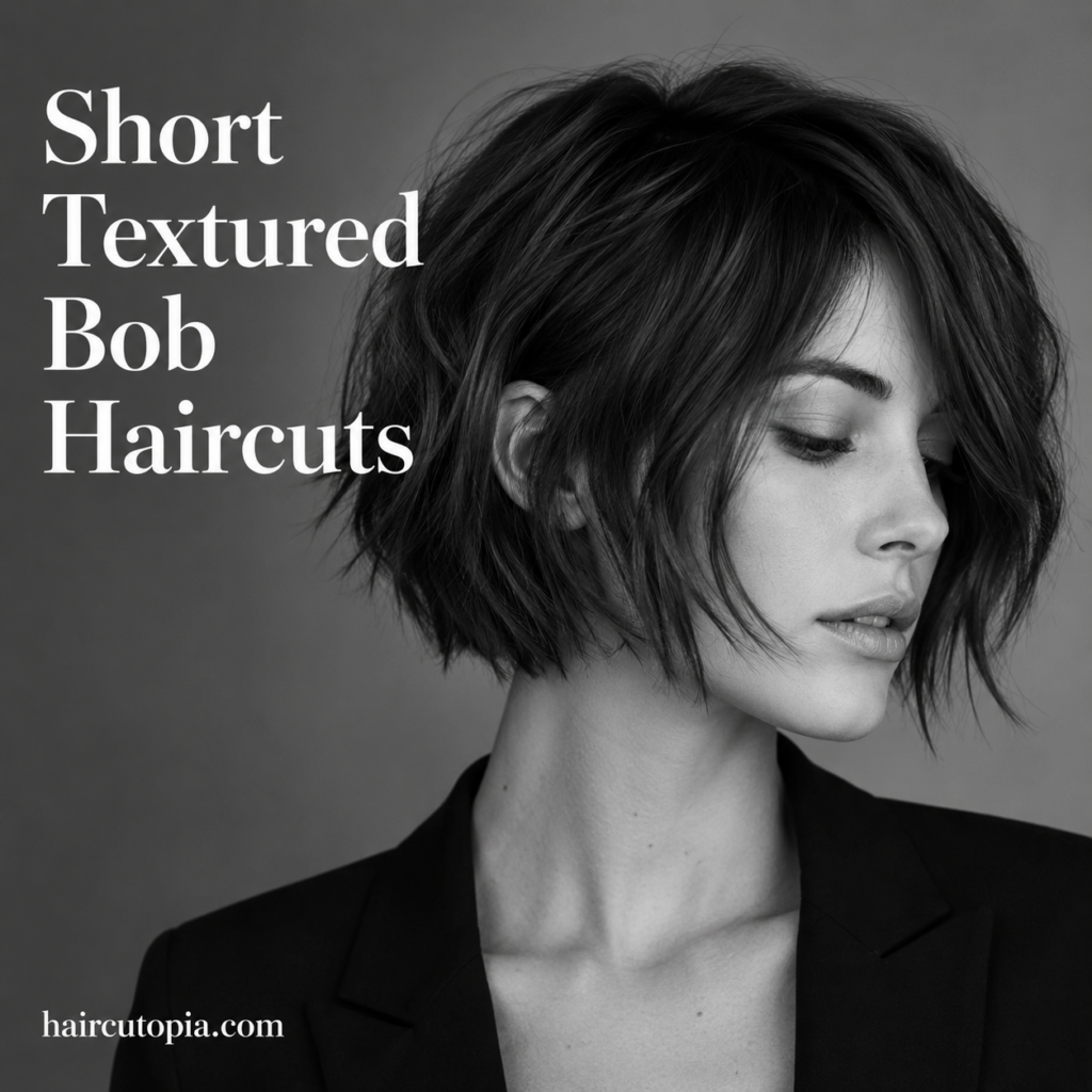 Woman with a short textured bob haircut featuring soft layers and modern choppy texture in a black-and-white editorial portrait.