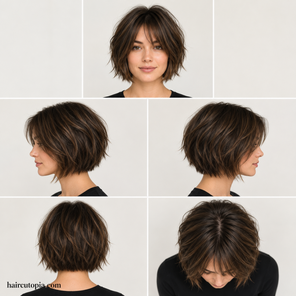 Five-view collage of a short textured bob haircut showing the front, left side, right side, back, and top views.