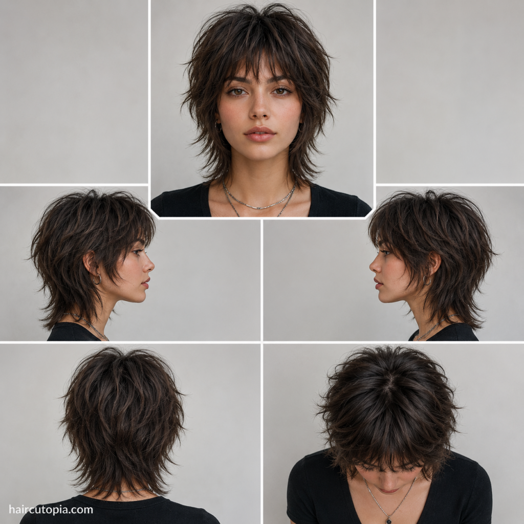 Five-view collage of a woman's short wolf cut haircut showing the front, left side, right side, back, and top views with textured layered styling.