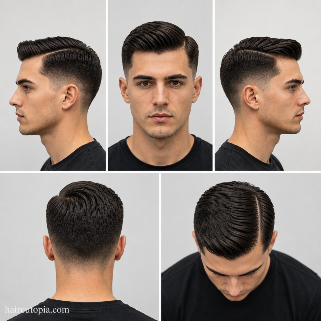 Five-view collage of a modern side part haircut showing the front, left side, right side, back, and top views with a clean hard part and tapered fade.