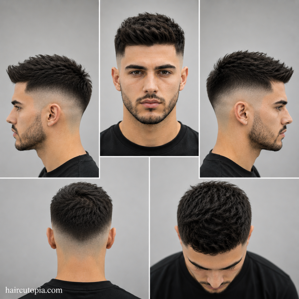 Five-view collage of a modern skin fade haircut showing the front, left side, right side, back, and top views with a textured top and clean bald fade.