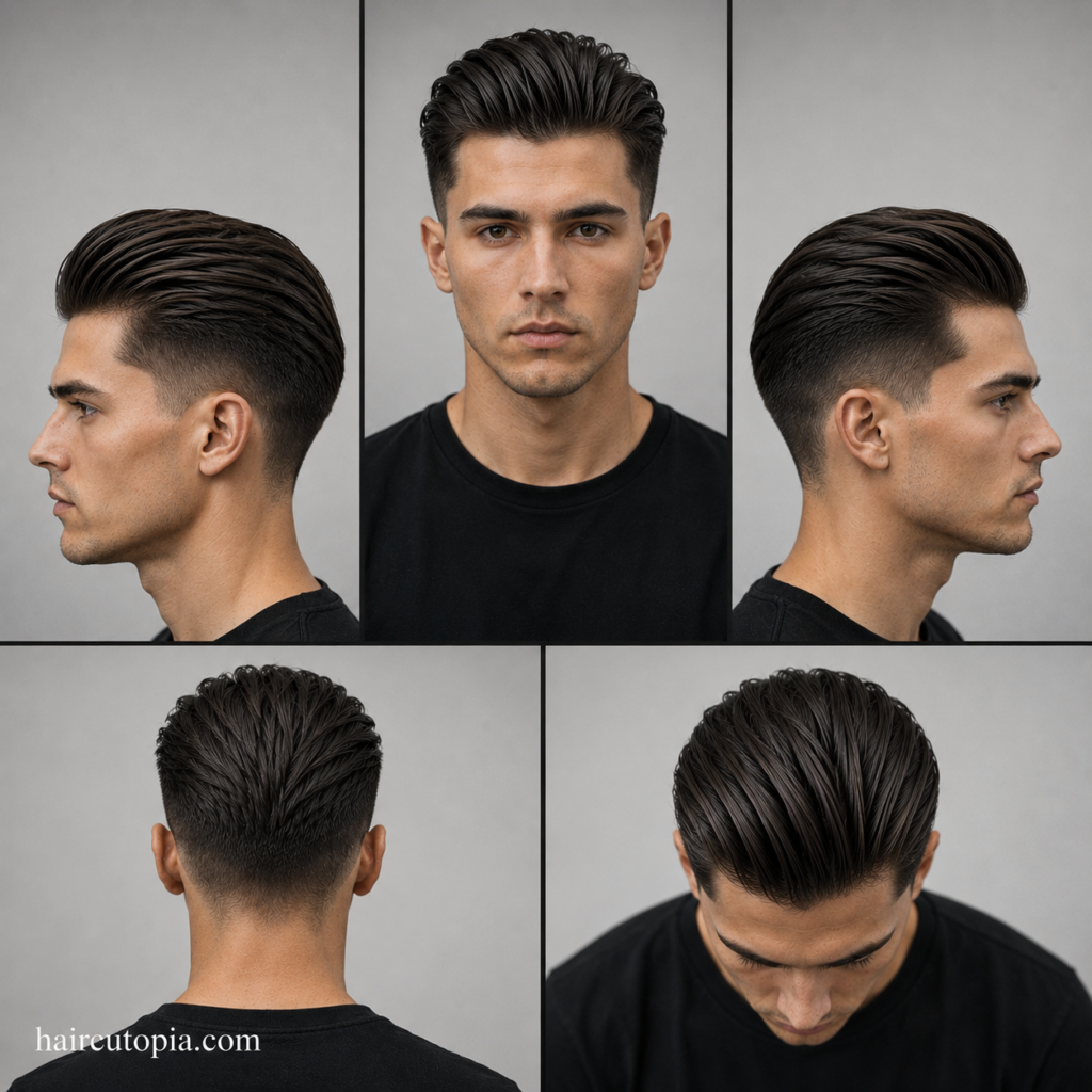 Five-view collage of a modern slick back haircut showing the front, left side, right side, back, and top views with a sleek swept-back top and low fade.