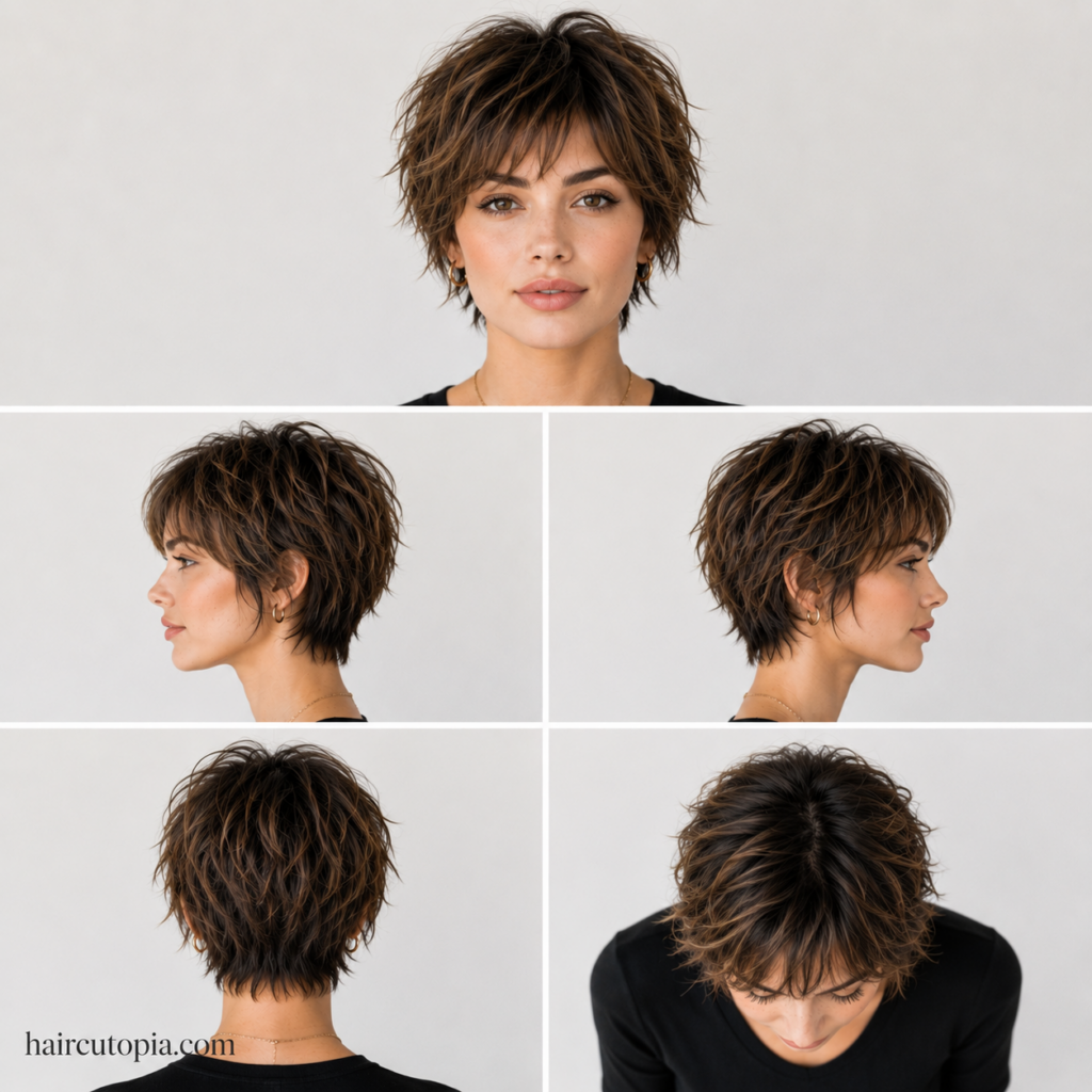Front, side, back, and top views of a textured bixie haircut designed to flatter square face shapes.
