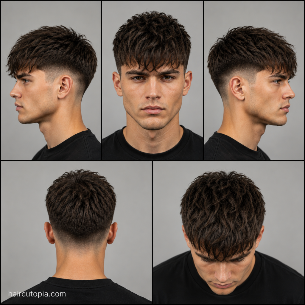 Five-view collage of a modern fringe haircut for square faces showing the front, left side, right side, back, and top views.