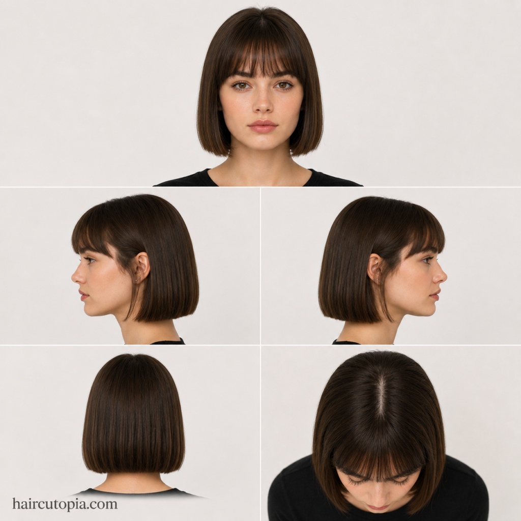 Straight French bob haircut shown from front, side, back, and top views