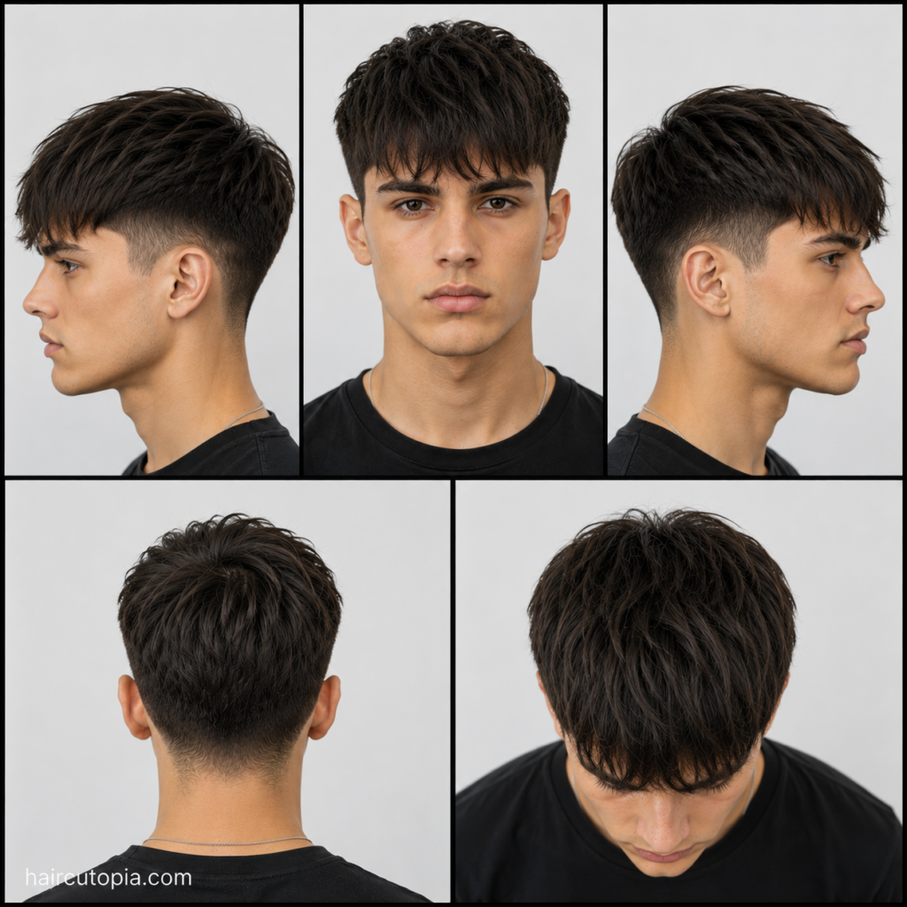 Five-view collage of a modern straight fringe haircut showing the front, left side, right side, back, and top views.