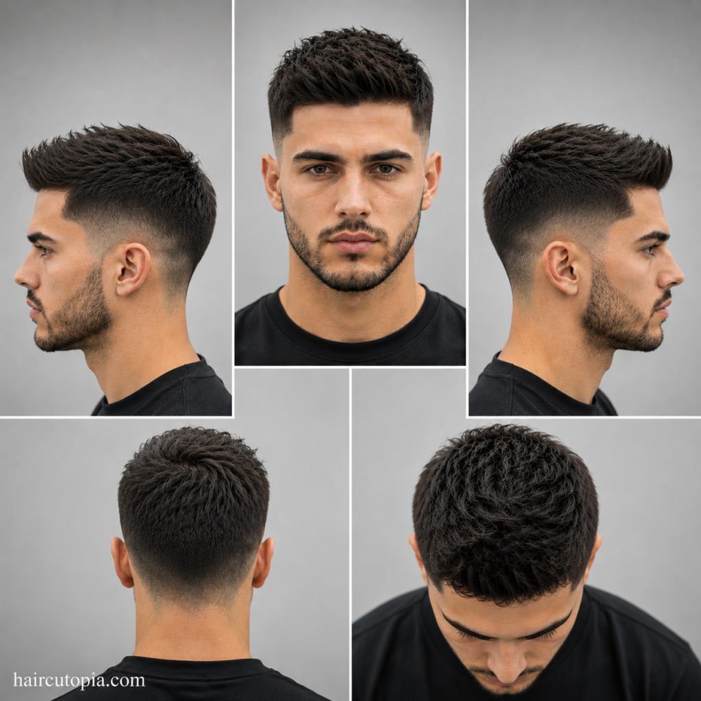 Five-view collage of a modern taper fade haircut showing the front, left side, right side, back, and top views with a textured top and clean taper.