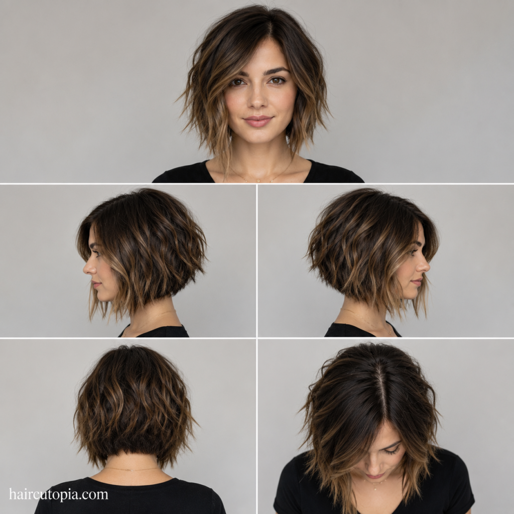 Five-view collage of a textured A-line bob haircut showing the front, left side, right side, back, and top view of the layered angled hairstyle.