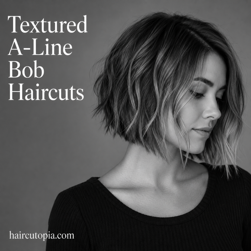 Textured A-line bob haircut with soft layers and tousled movement in a black-and-white editorial portrait