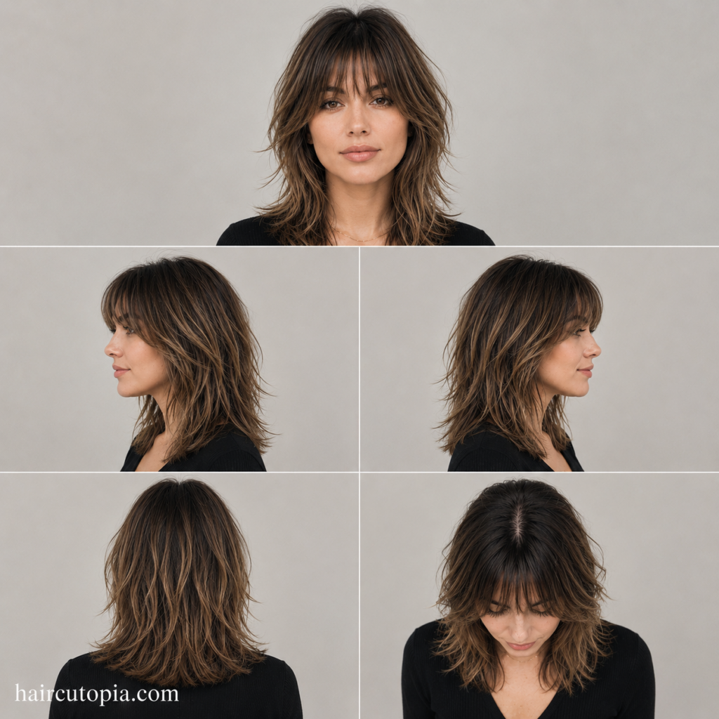 Five-view collage of a woman with a textured layered haircut and wispy bangs shown from the front, left side, right side, back, and bird's-eye views.