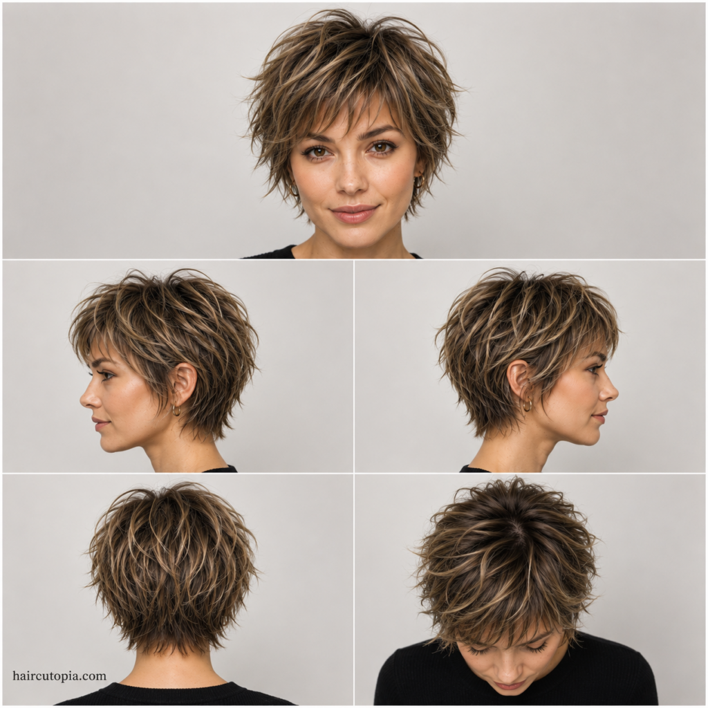 Textured bixie haircut shown from the front, left side, right side, back, and top with piecey layers, tousled volume, and choppy texture.
