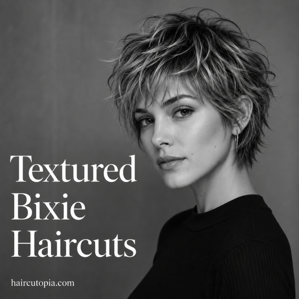 Woman with a textured bixie haircut featuring choppy layers, piecey movement, tousled volume, and a modern pixie-bob shape.