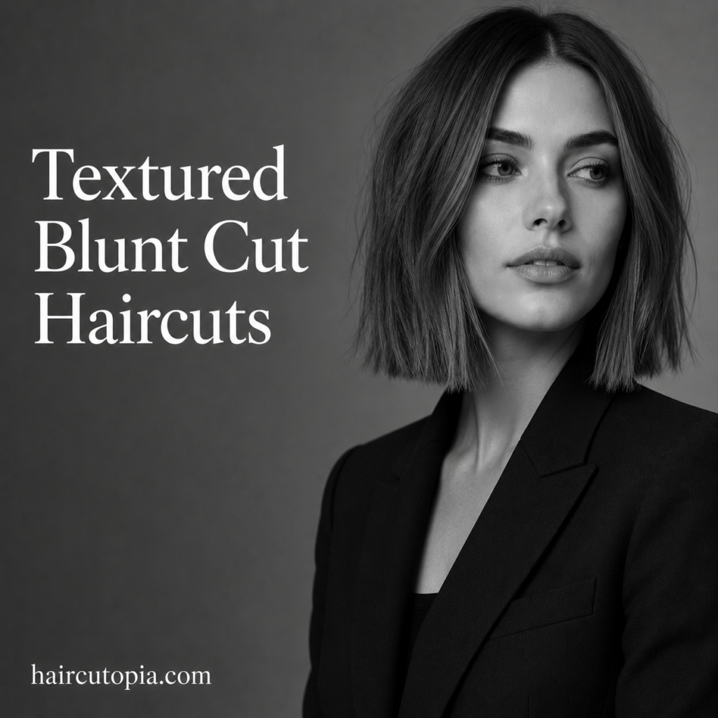Woman with a modern textured blunt bob haircut in a black-and-white editorial portrait.