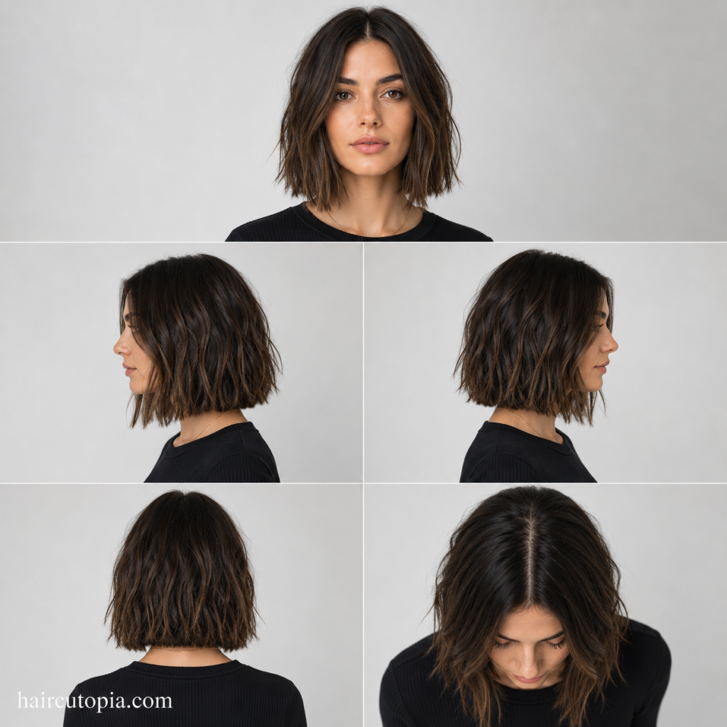 Five-panel collage showing a textured blunt cut haircut from the front, left side, right side, back, and top views.