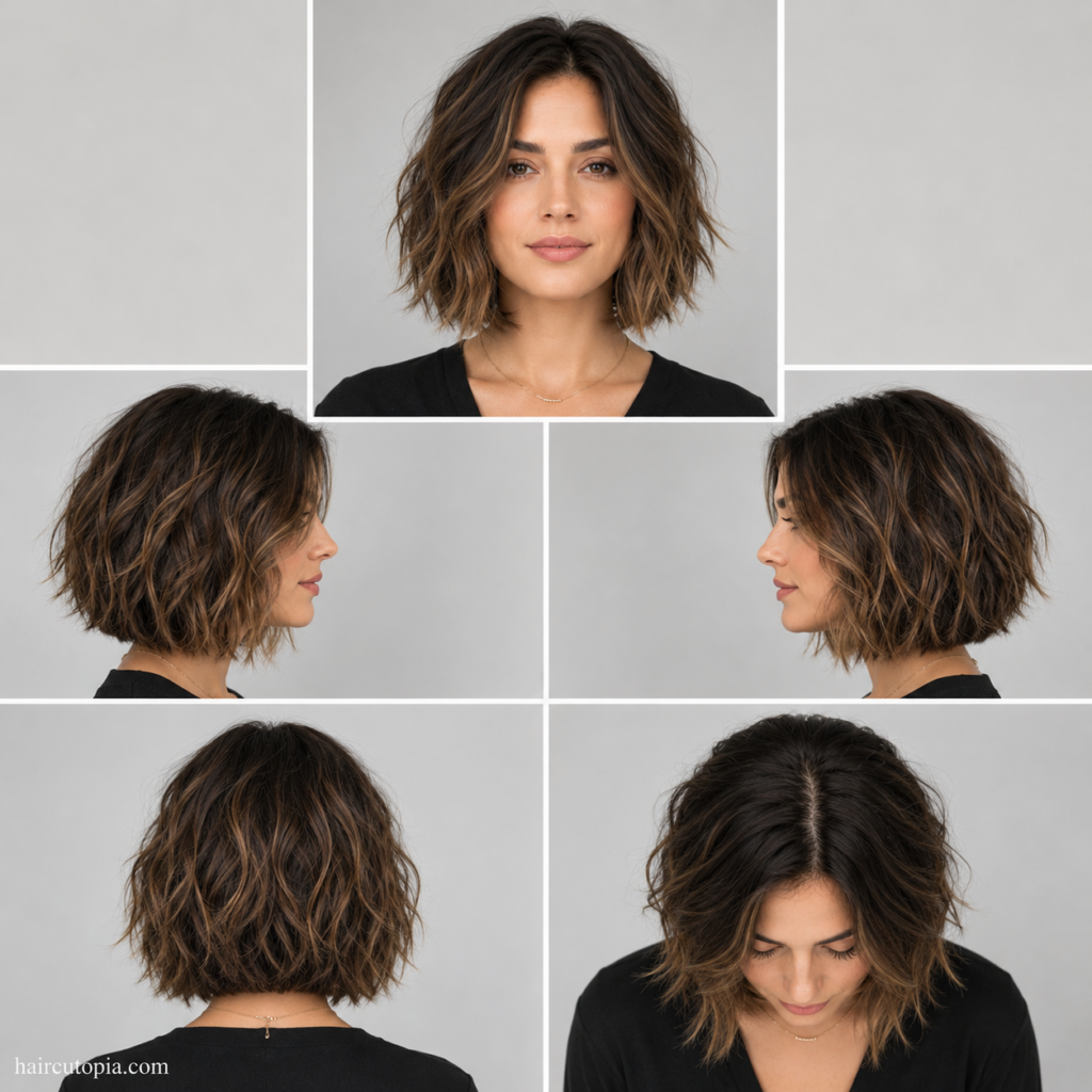 Five-view collage of a textured bob haircut showing the front, left side, right side, back, and top views of a layered bob hairstyle with soft texture and natural movement.