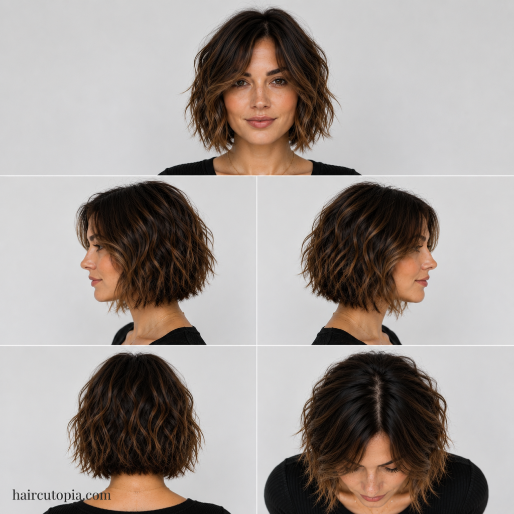 Five-view collage of a textured bob haircut for a diamond-shaped face showing the front, left side, right side, back, and top views.