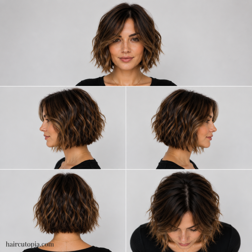 Five-view collage of a textured bob haircut for a heart-shaped face showing the front, left side, right side, back, and top views.