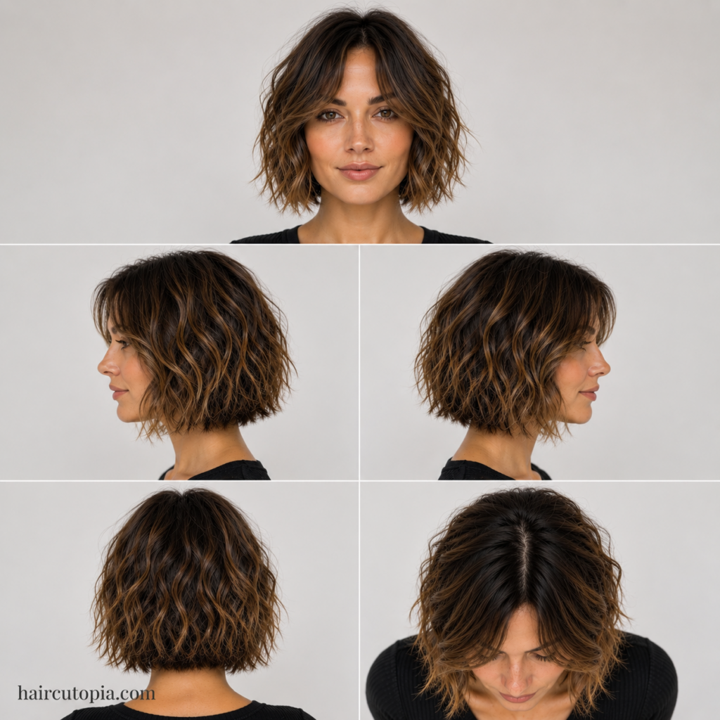 Five-view collage of a textured bob haircut for a long face showing the front, left side, right side, back, and top views.