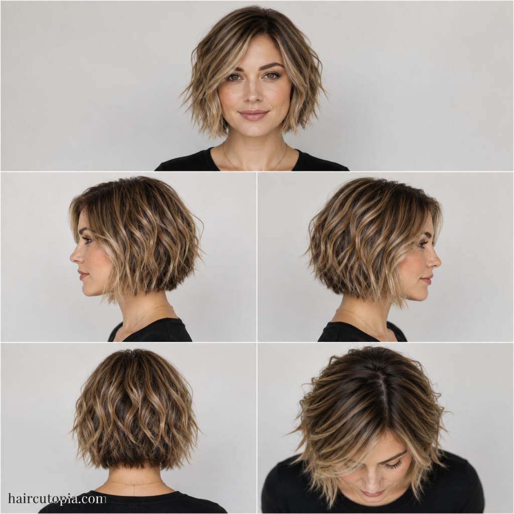 Five-view collage of a textured bob haircut for an oval face showing the front, left side, right side, back, and top views.