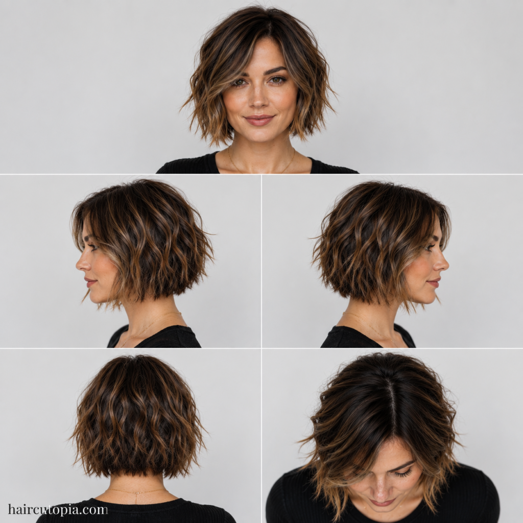 Five-view collage of a textured bob haircut for a square face showing the front, left side, right side, back, and top views.
