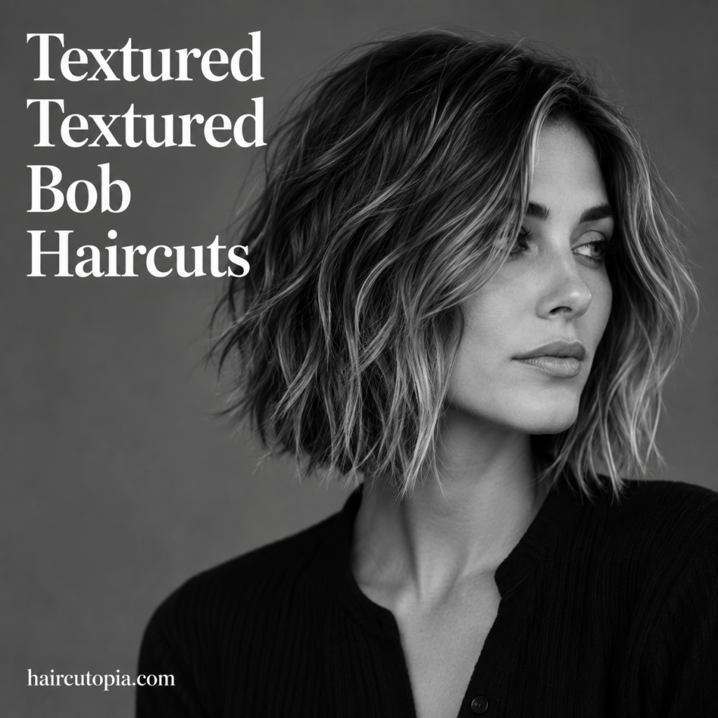 Woman with a textured bob haircut featuring soft layers and natural movement in a black-and-white editorial portrait.