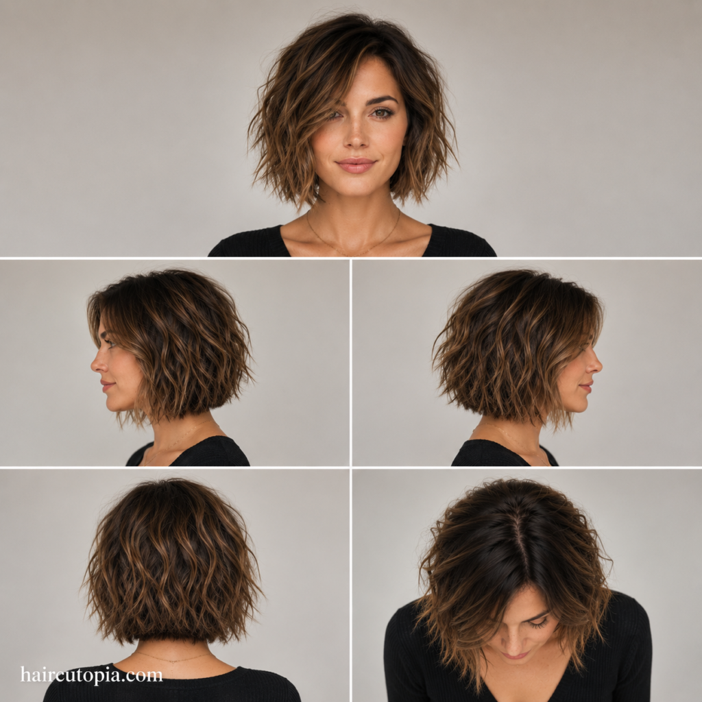 Five-view collage of a textured bob haircut showing the front, left side, right side, back, and top views.