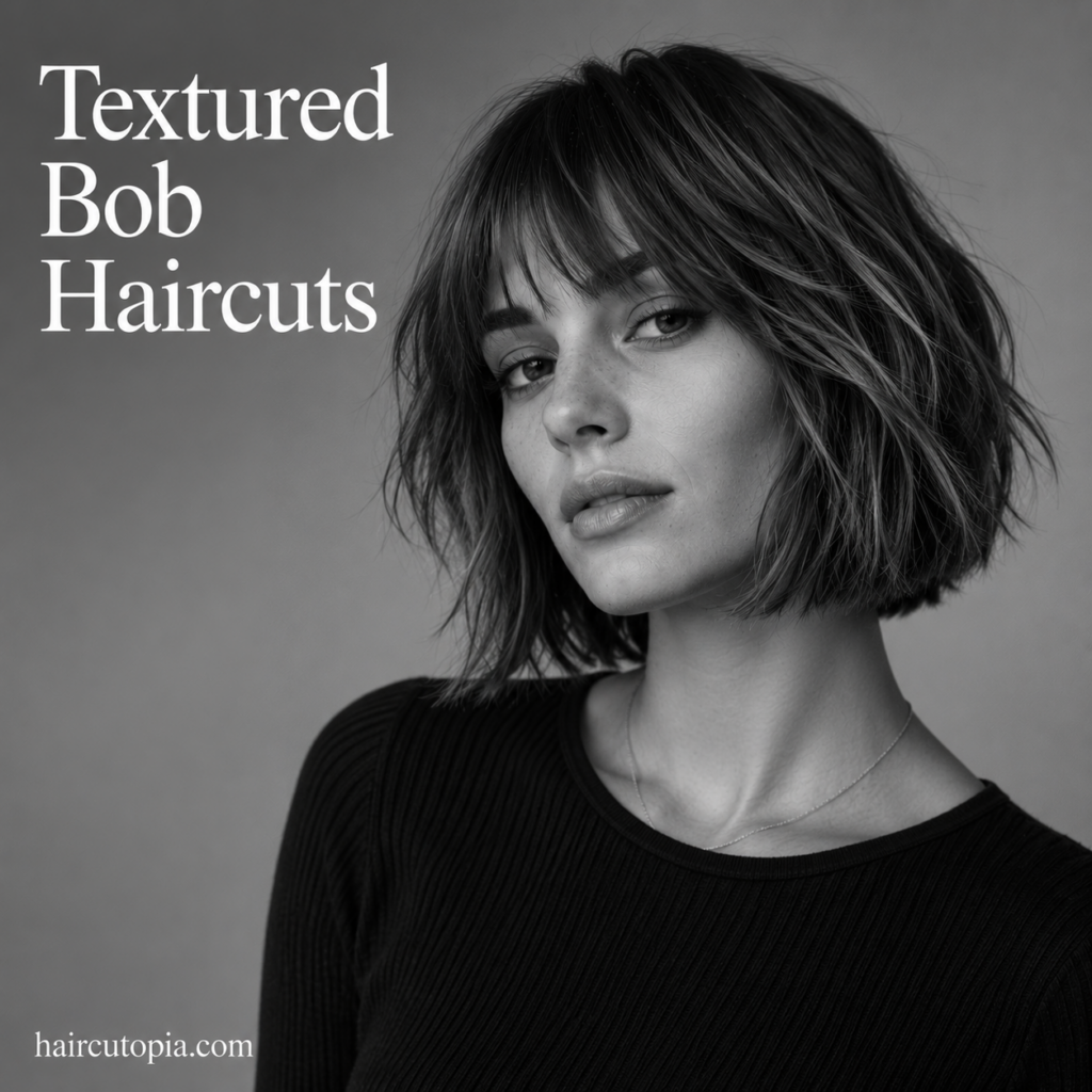 Woman with a modern textured bob haircut featuring tousled layers and piecey ends