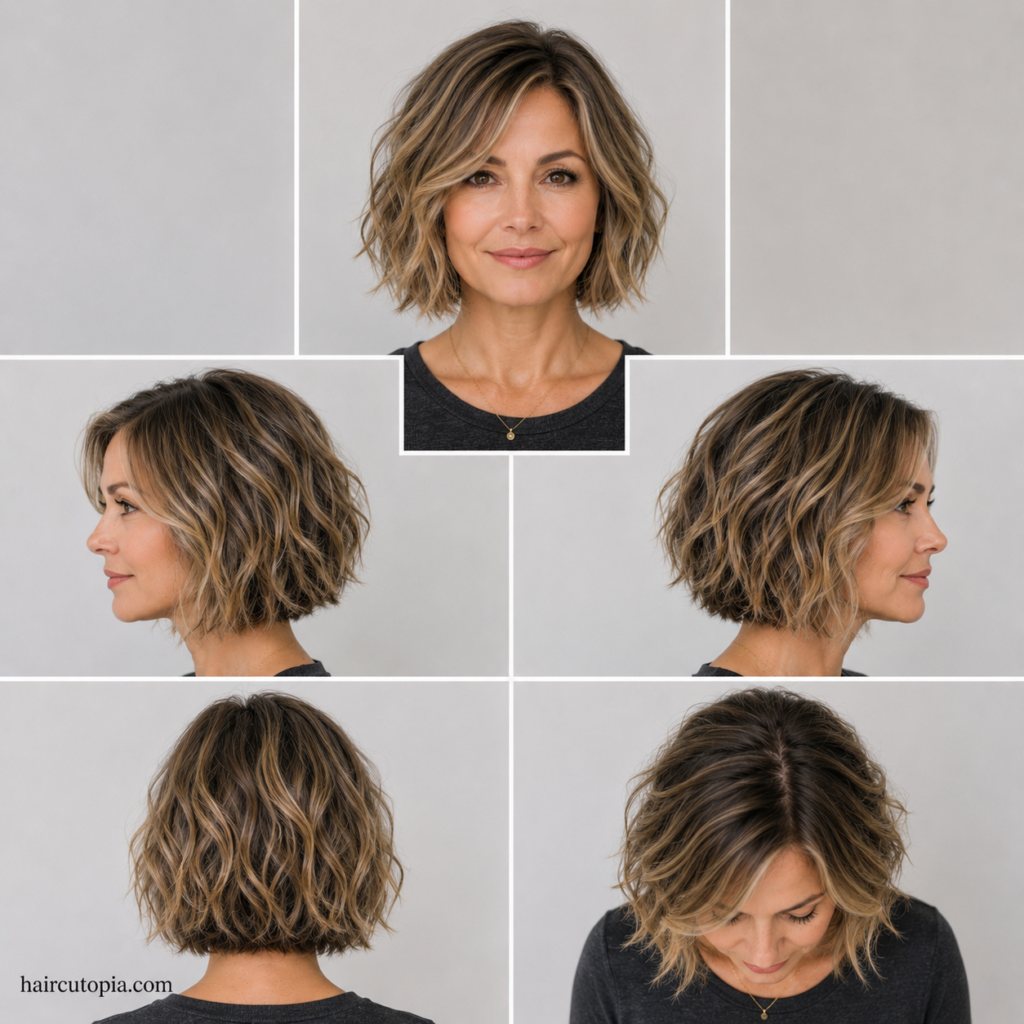 Five-view collage of a textured bob haircut for busy moms showing the front, left side, right side, back, and top views.