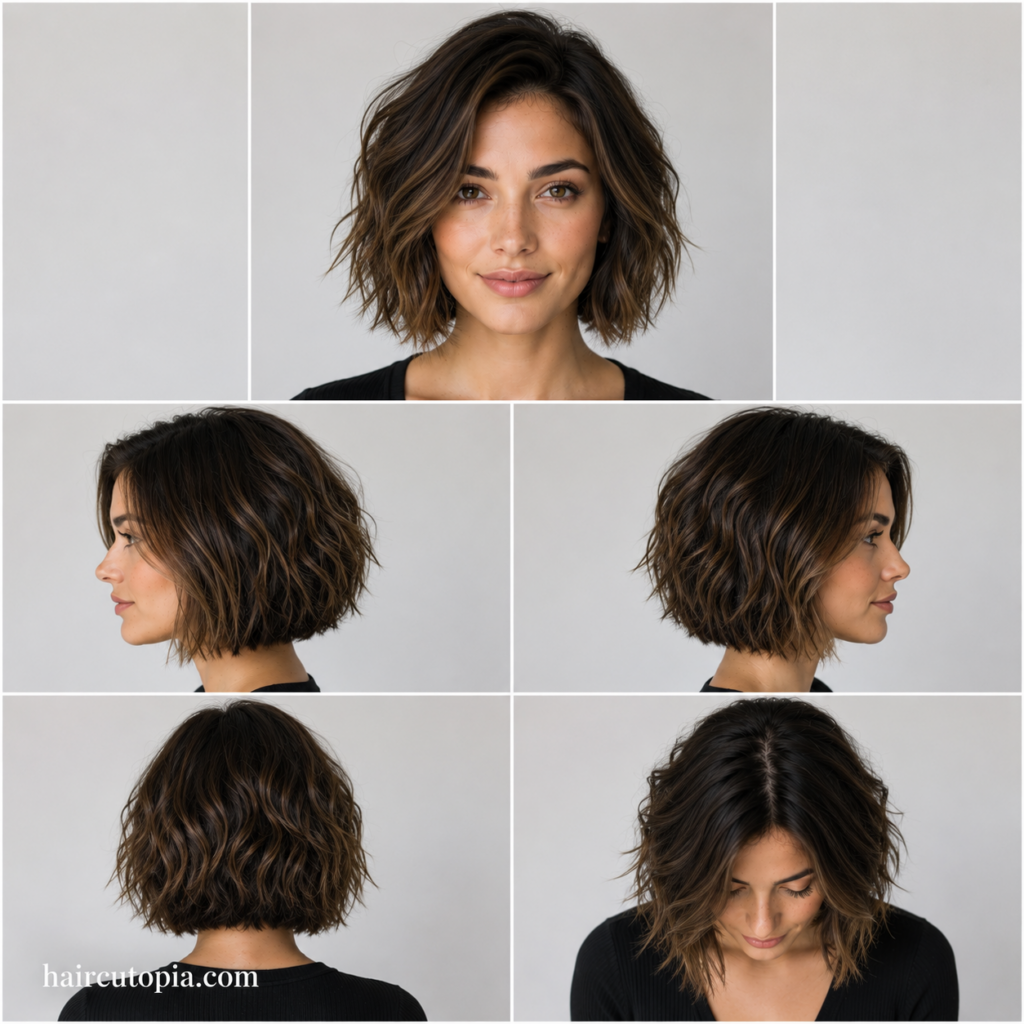 Five-view collage of a textured bob haircut for coarse hair showing the front, left side, right side, back, and top views.