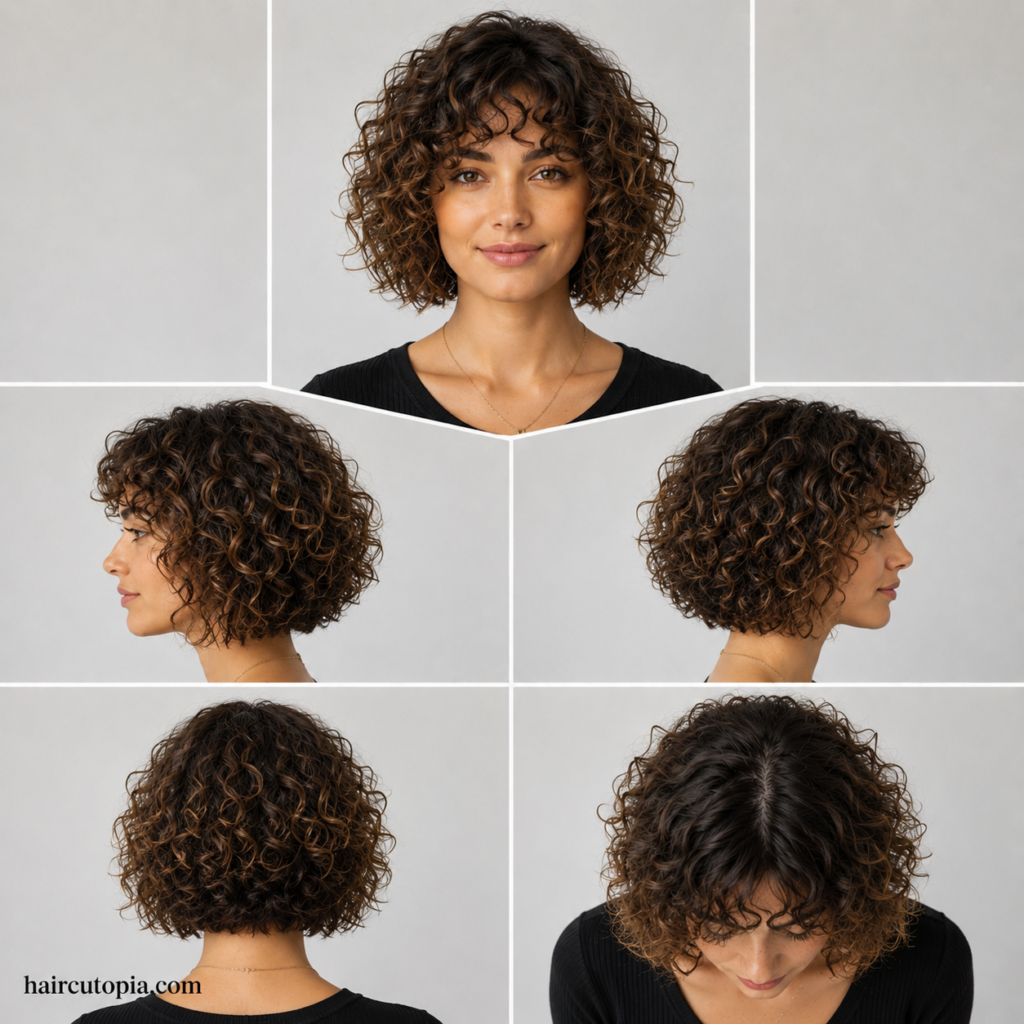 Five-view collage of a textured bob haircut for curly hair showing the front, left side, right side, back, and top views.